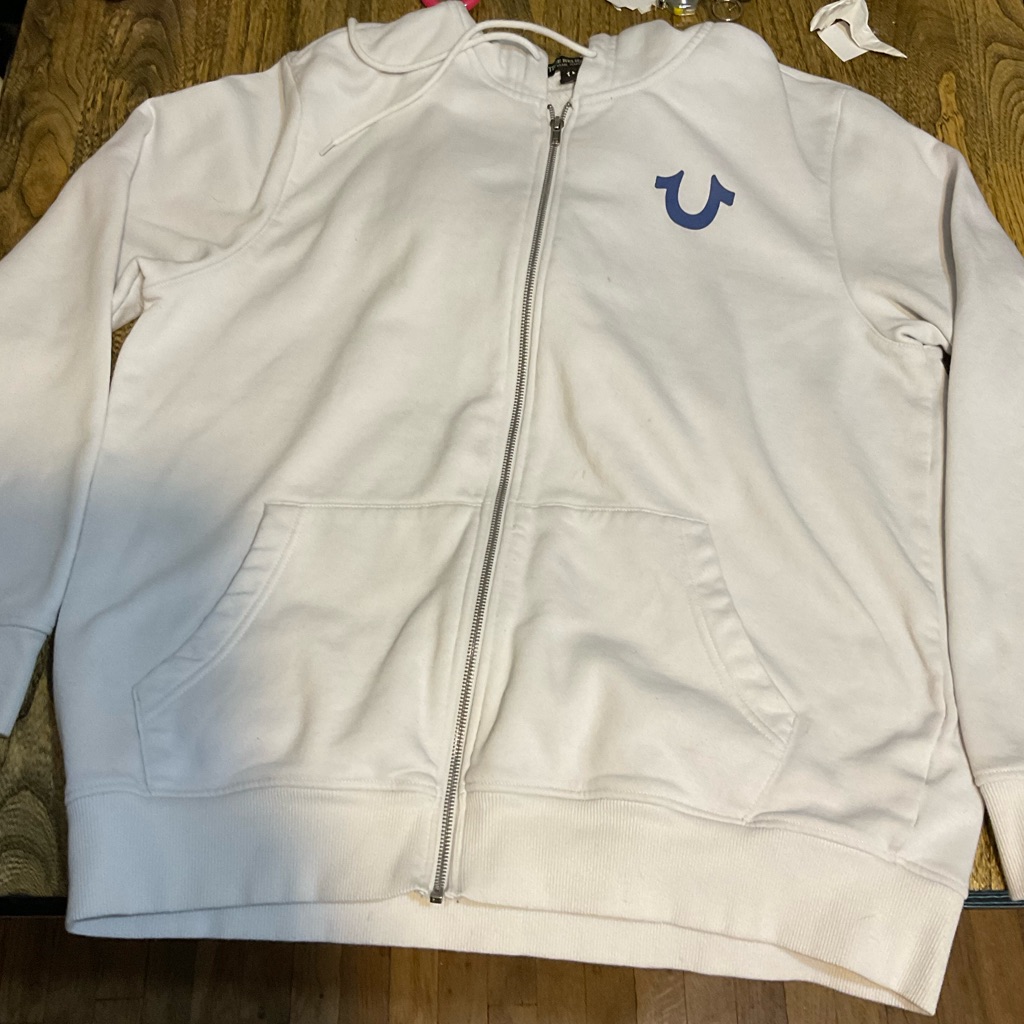 True Religion Men’s Full-Zip Up Sweatshirt, Xxl, White W/Blue Logo On Breast!